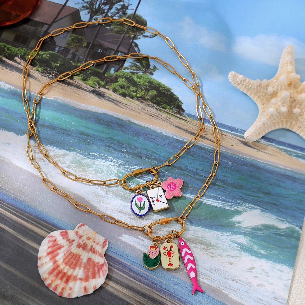 Playful Enamel Fish & Heart Charm Necklace