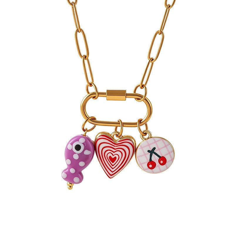 Playful Enamel Fish & Heart Charm Necklace
