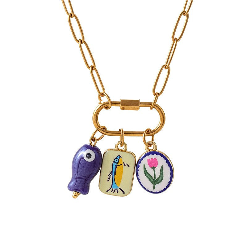 Playful Enamel Fish & Heart Charm Necklace