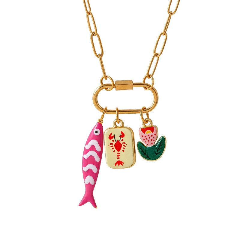 Playful Enamel Fish & Heart Charm Necklace
