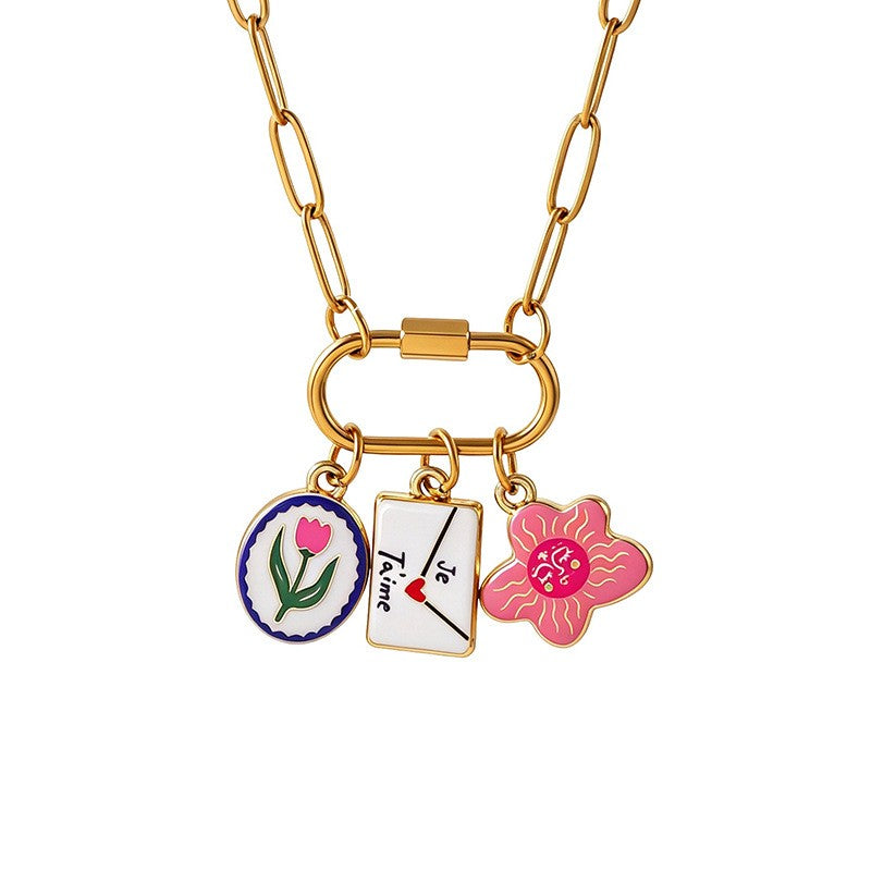 Playful Enamel Fish & Heart Charm Necklace