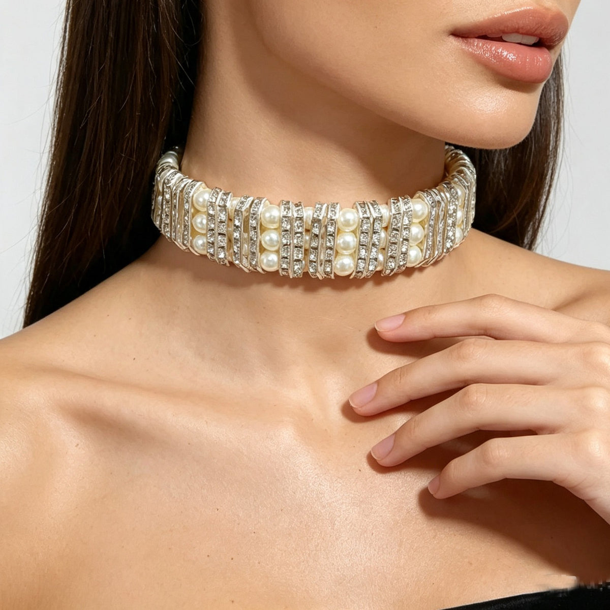 Classy Faux Pearl Rhinestone Wide Choker Necklace