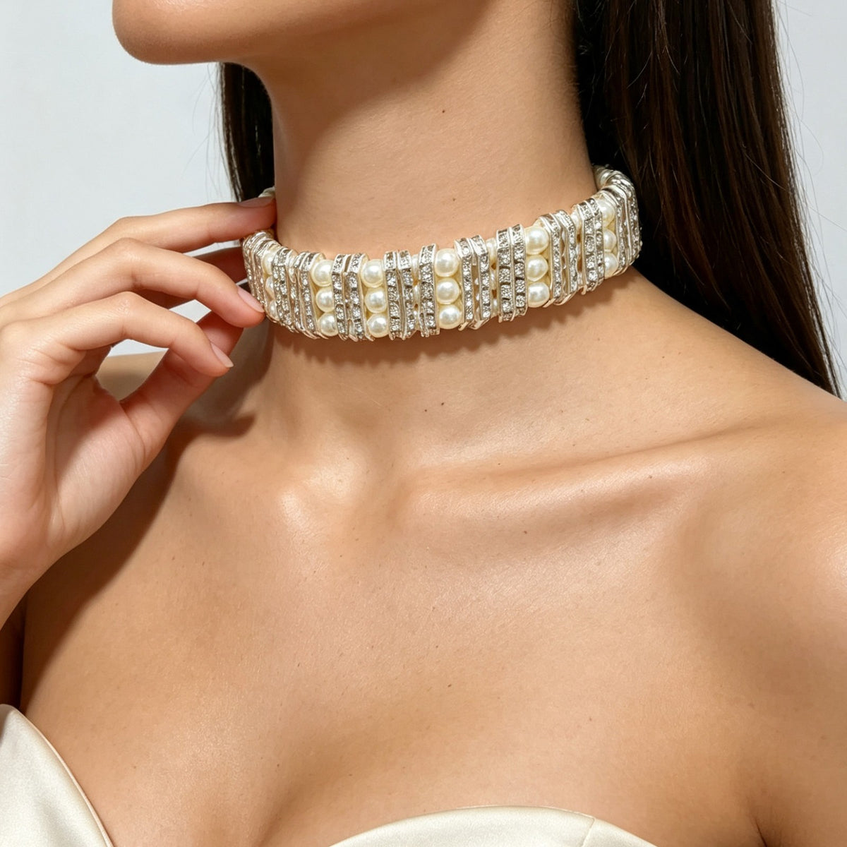 Classy Faux Pearl Rhinestone Wide Choker Necklace