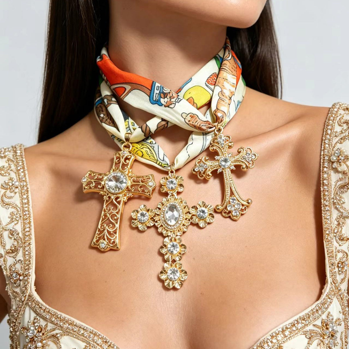 Boho Printed Scarf Triple Cross Choker Necklace