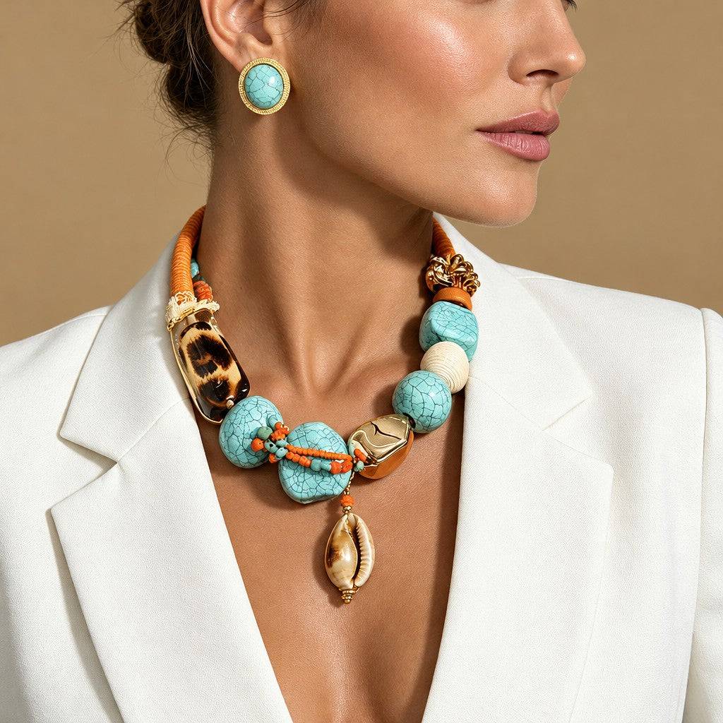 Boho Turquoise Shell Statement Necklace