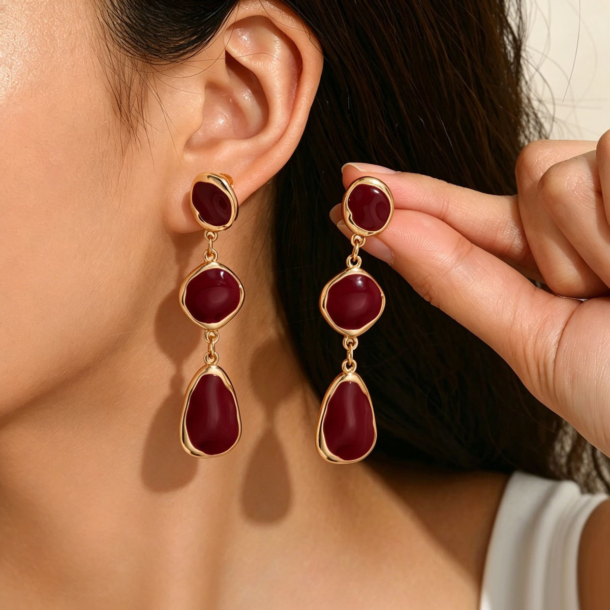Classy Red Geometric Enamel Dangle Earrings