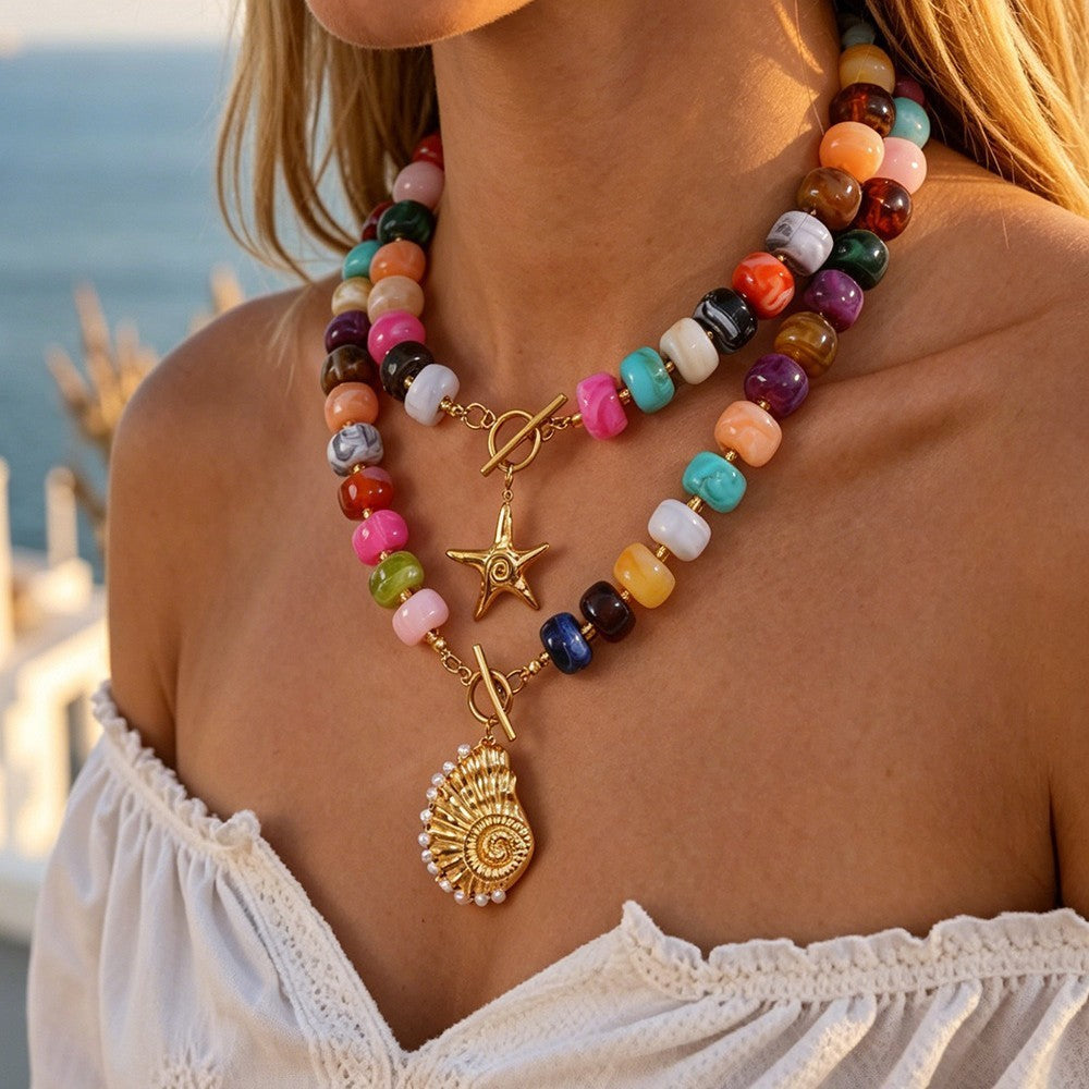Boho Rainbow Resin Bead Starfish Shell Necklace