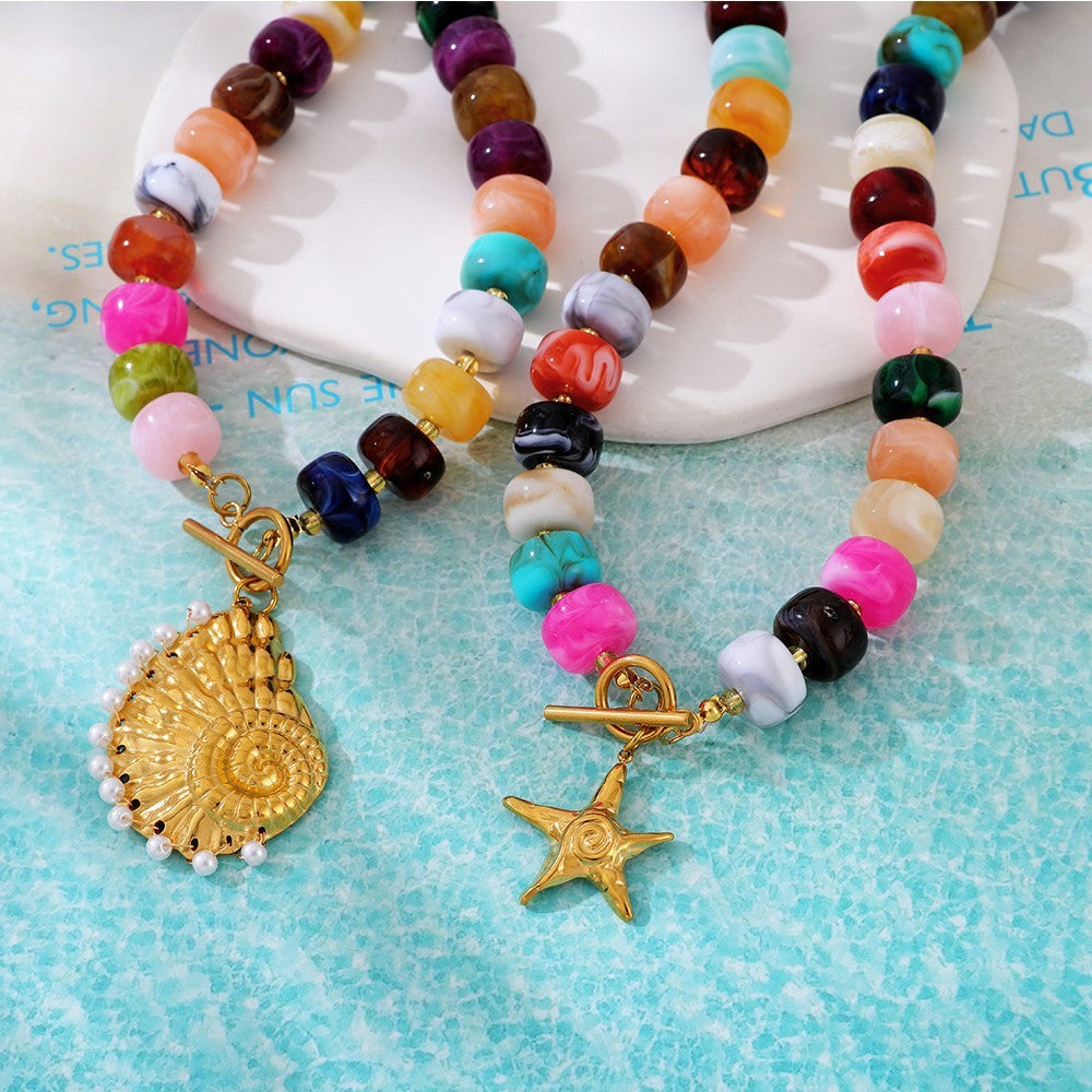 Boho Rainbow Resin Bead Starfish Shell Necklace