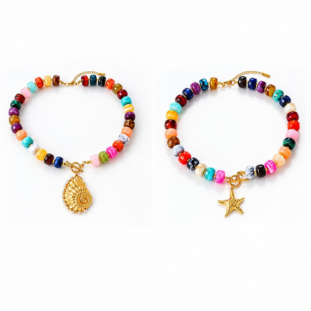 Boho Rainbow Resin Bead Starfish Shell Necklace