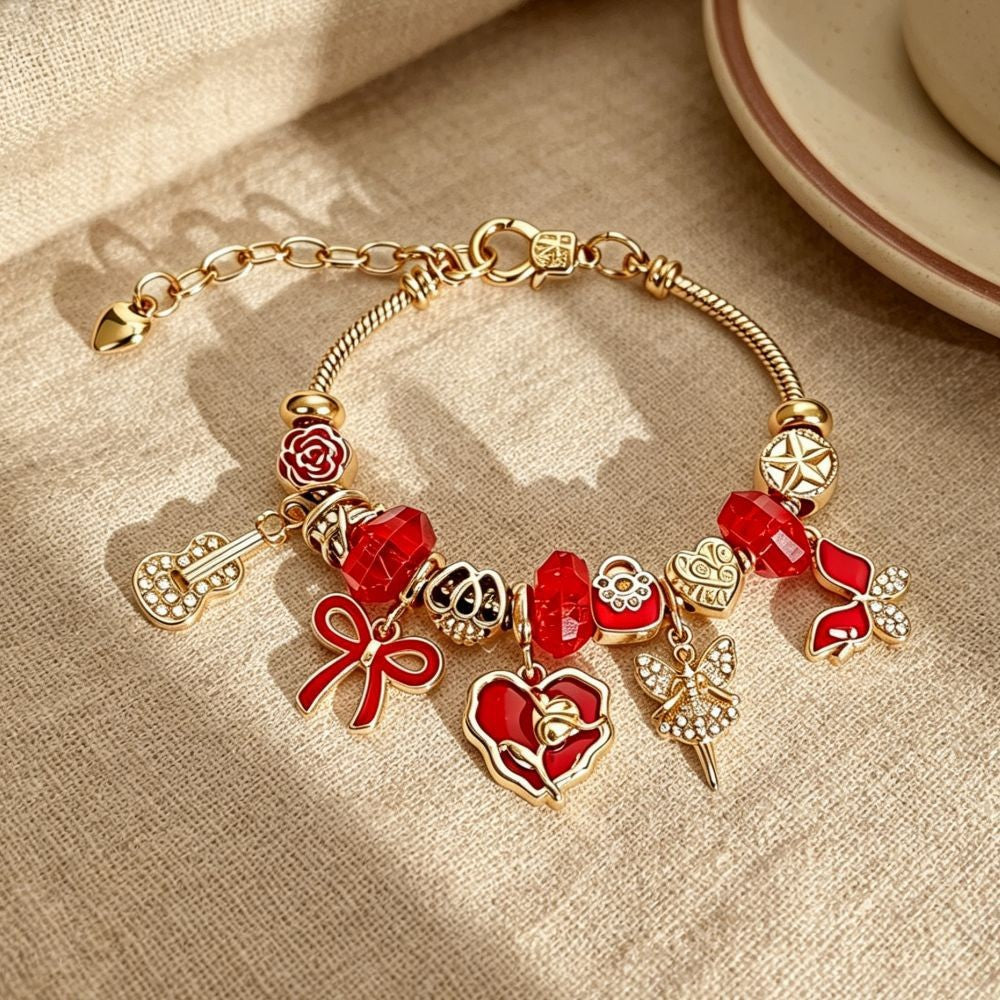 Romantic Red Enamel Heart Charm Bracelet
