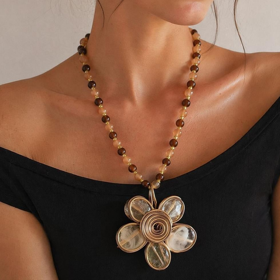 Boho Amber Beaded Flower Necklace
