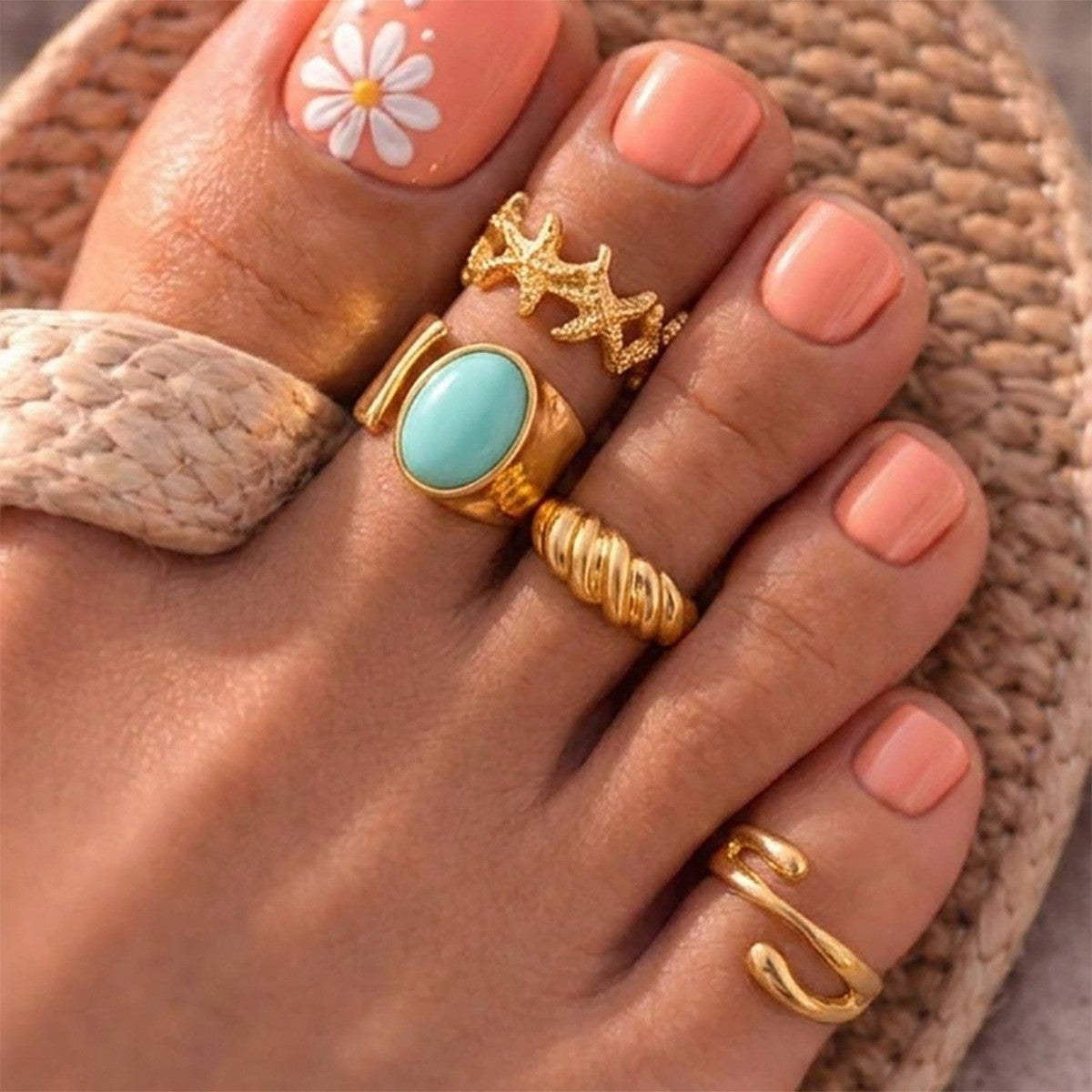 4pc Boho Starfish & Turquoise Toe Ring Set