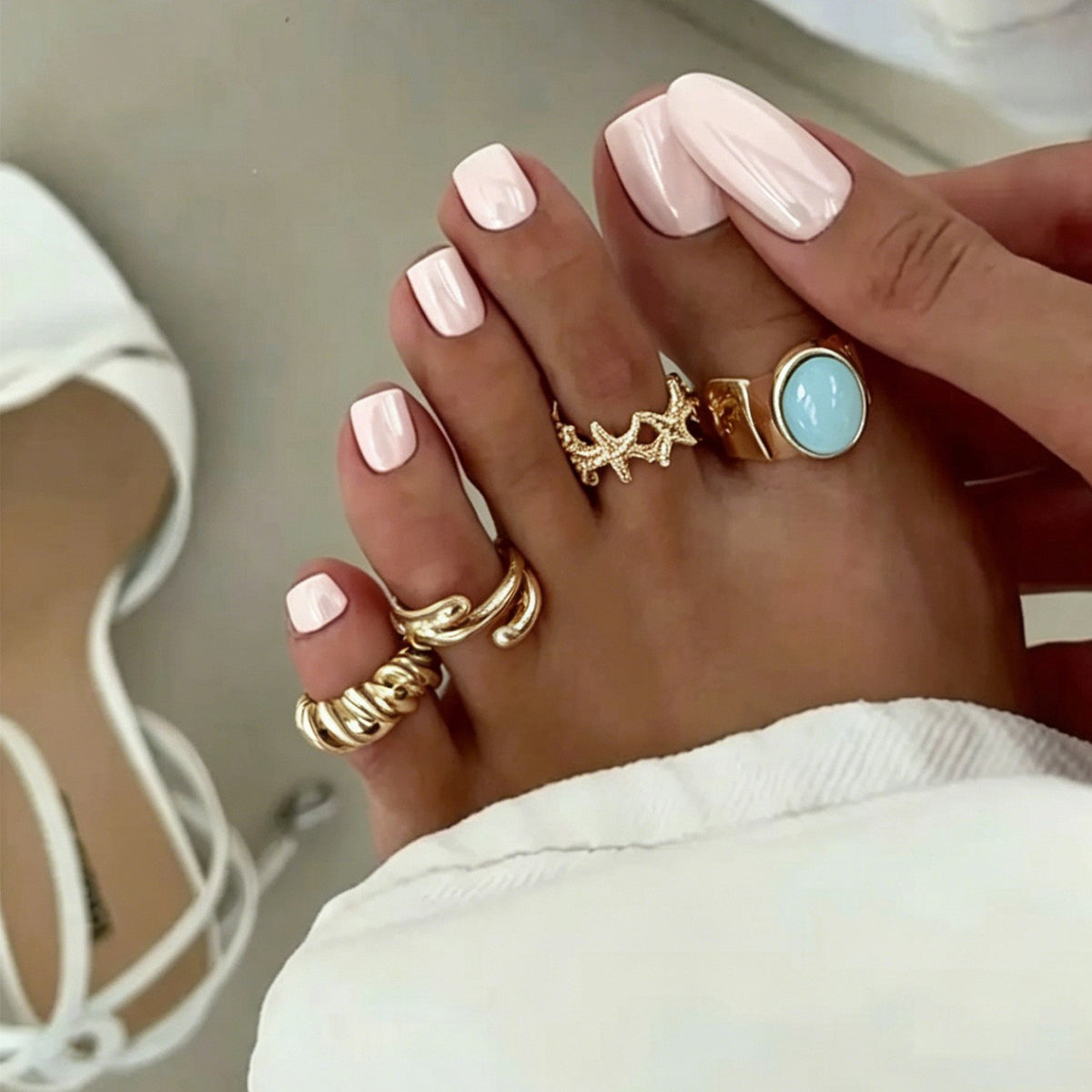 4pc Boho Starfish & Turquoise Toe Ring Set