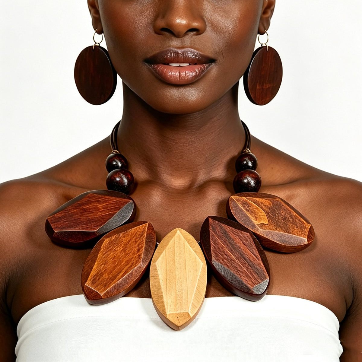 Vintage Geometric Wood Necklace & Earring Set