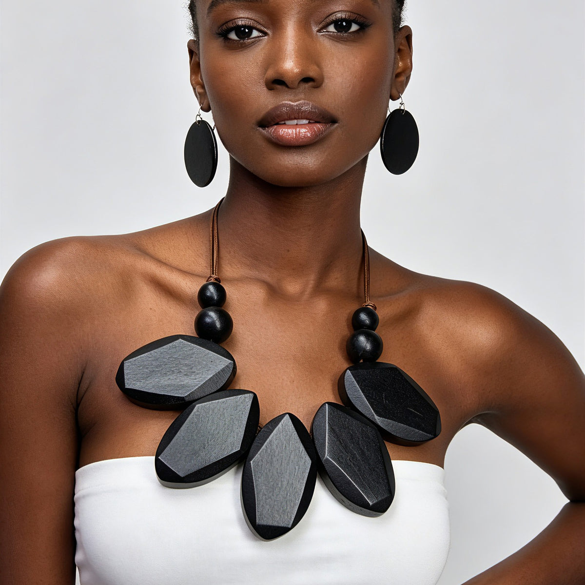 Vintage Geometric Wood Necklace & Earring Set