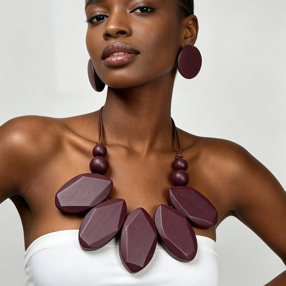 Vintage Geometric Wood Necklace & Earring Set