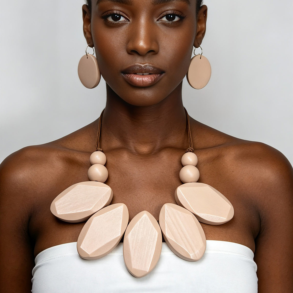Vintage Geometric Wood Necklace & Earring Set