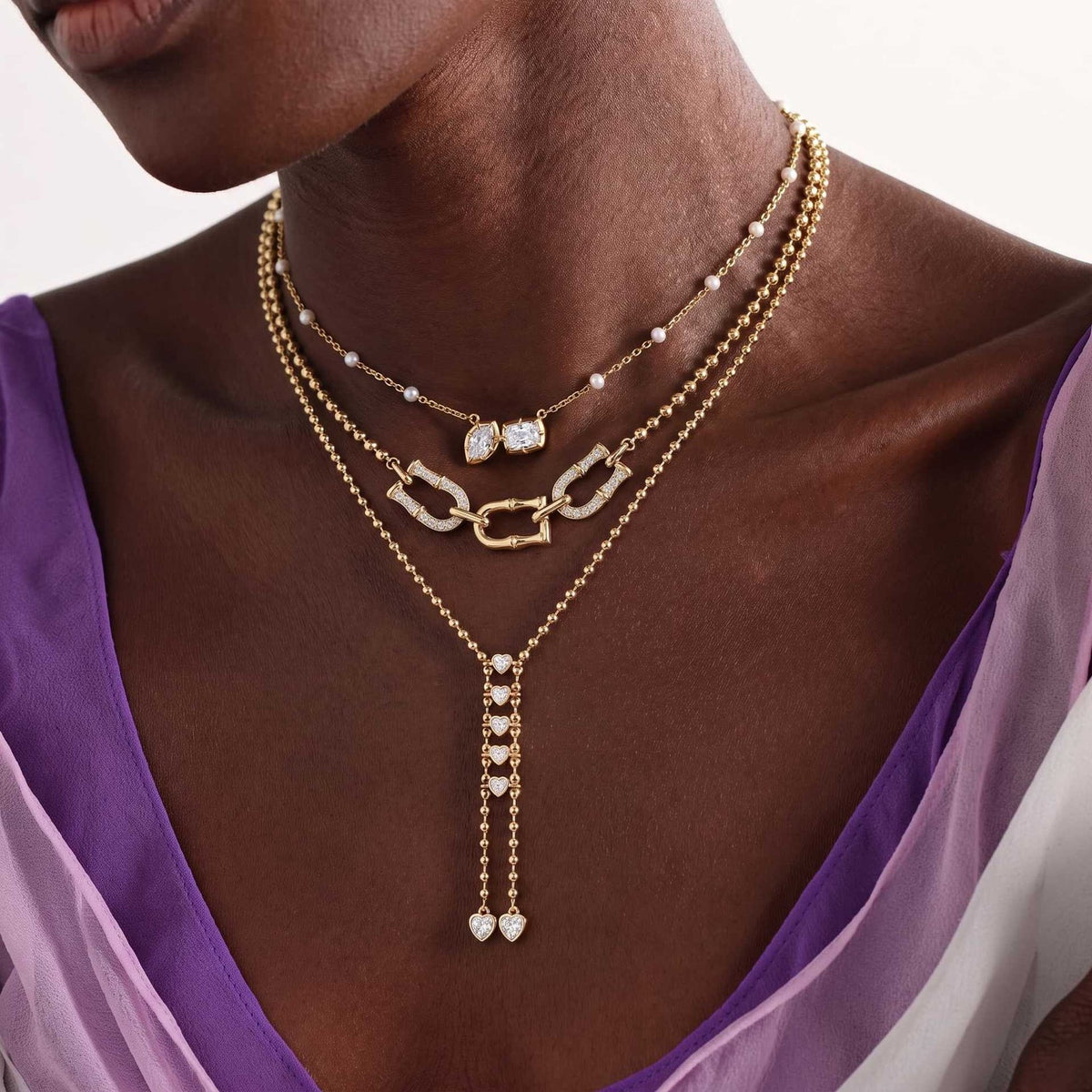 Dainty Layered Pearl & Heart Y-Necklace