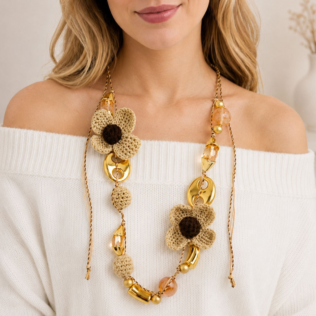 Boho Crochet Flower Long Necklace