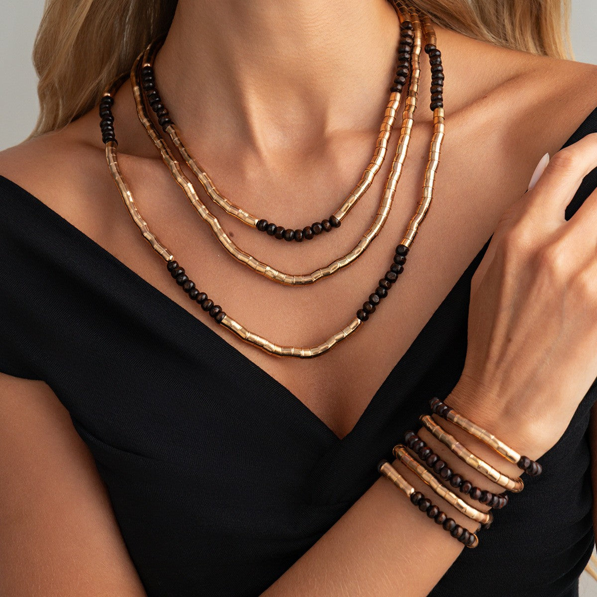 Boho Layered Tube Bead Necklace & Bracelet Set