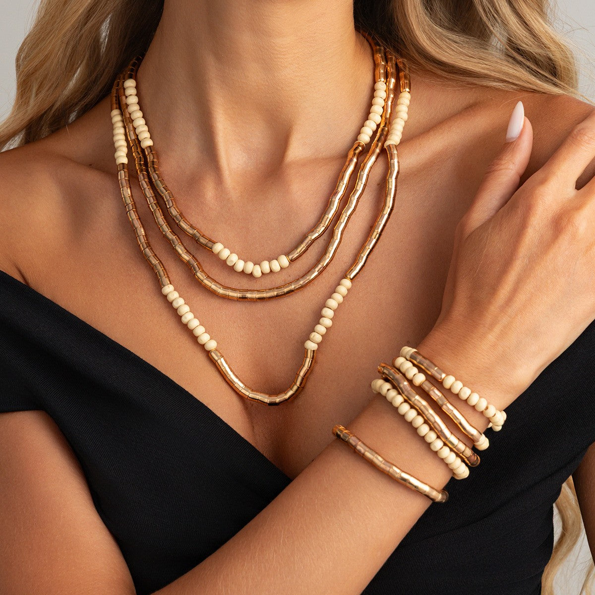 Boho Layered Tube Bead Necklace & Bracelet Set