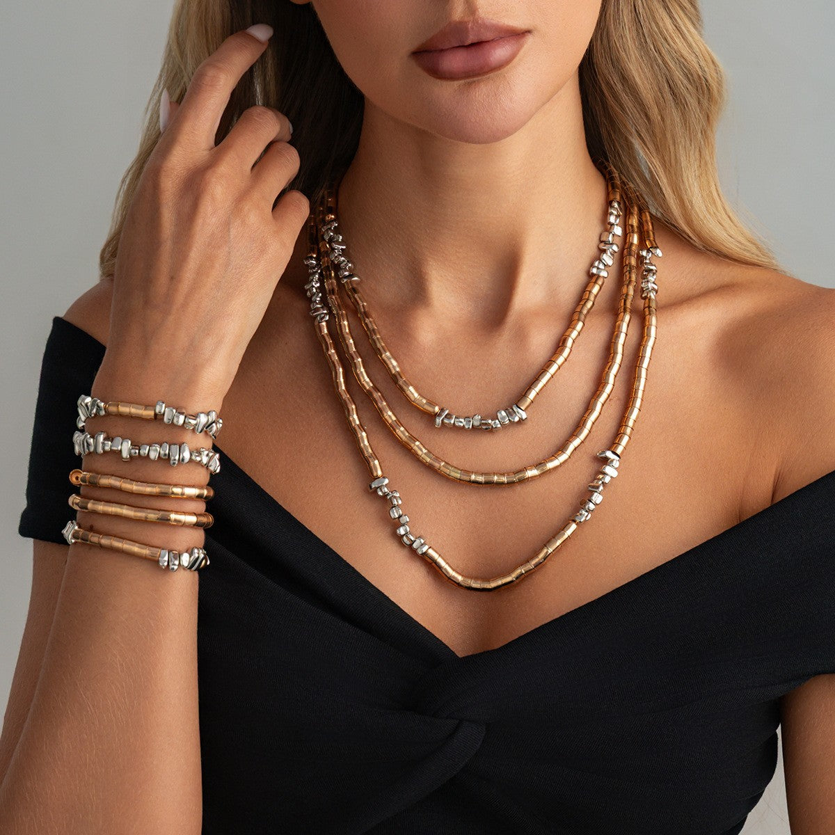 Boho Layered Tube Bead Necklace & Bracelet Set