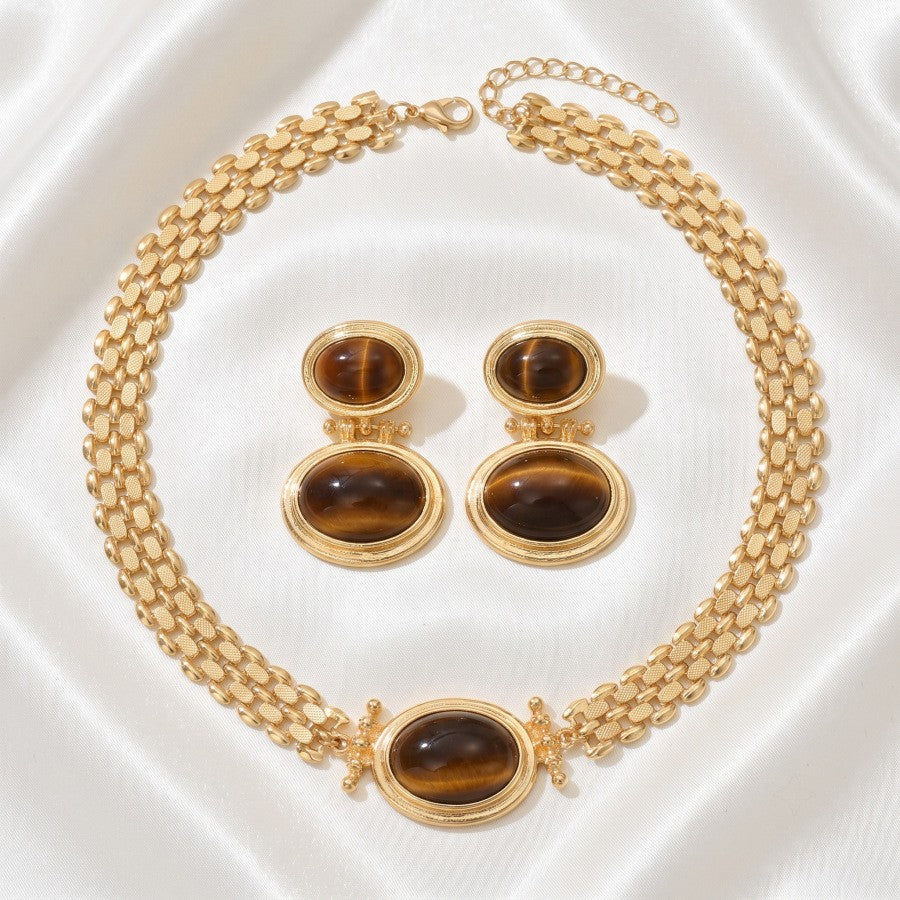 Classy Tiger Eye Bike Chain Necklace & Earring Set