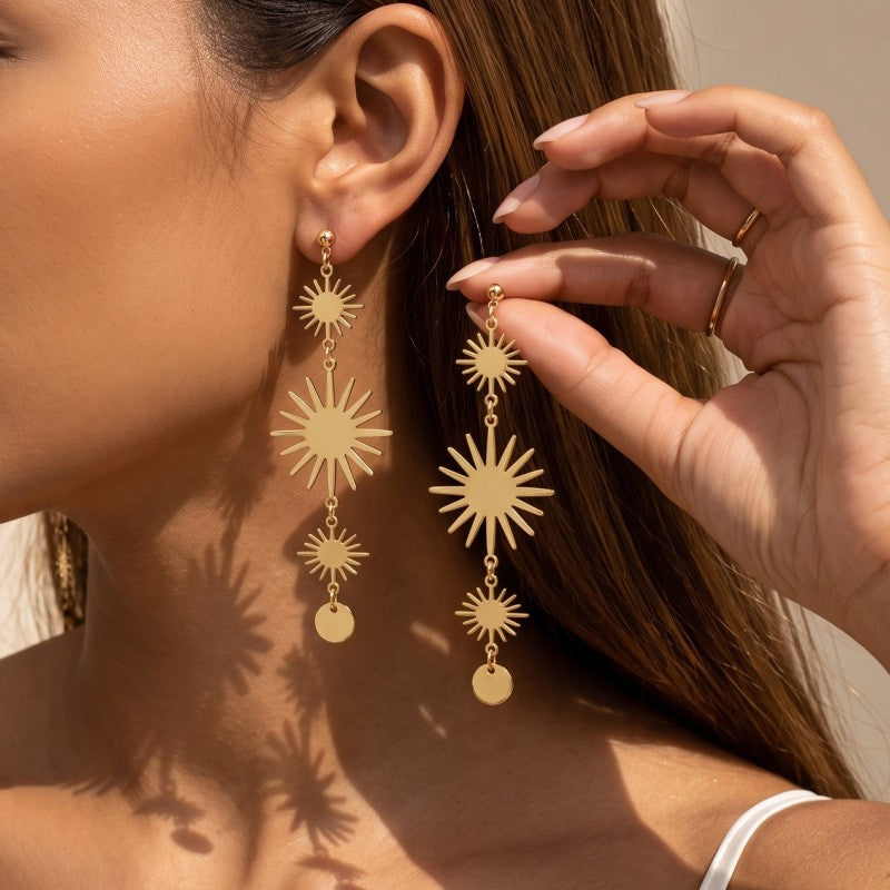 Classy Geometric Sunburst Long Dangle Earrings