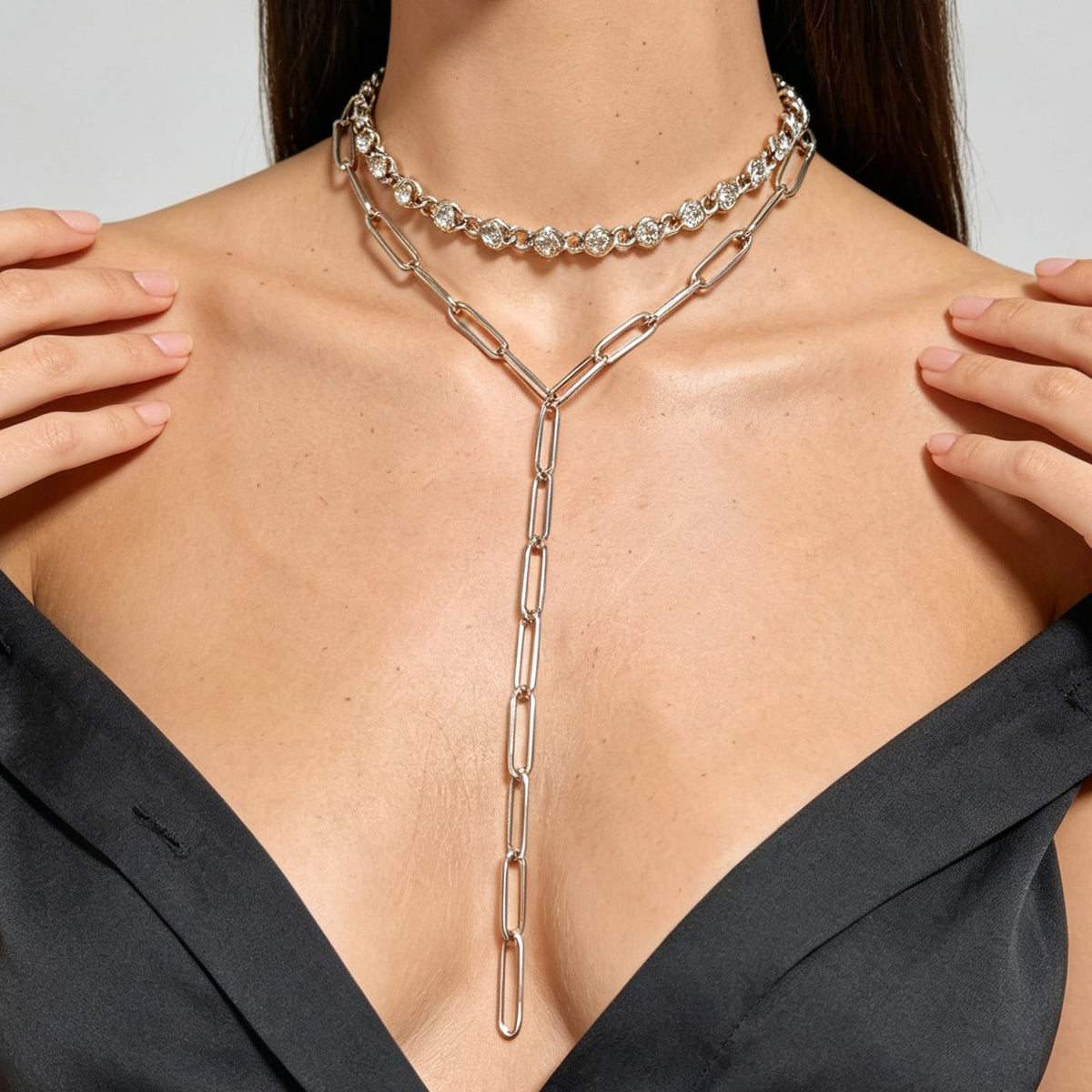 Classy Rhinestone & Oval Link Y-Necklace