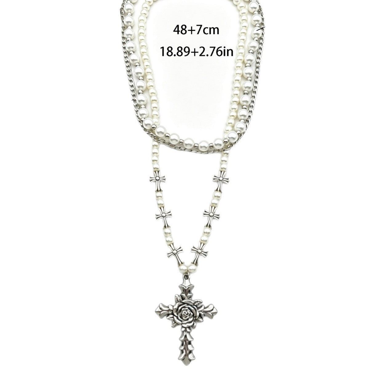 Classy Layered Faux Pearl Rose Cross Necklace