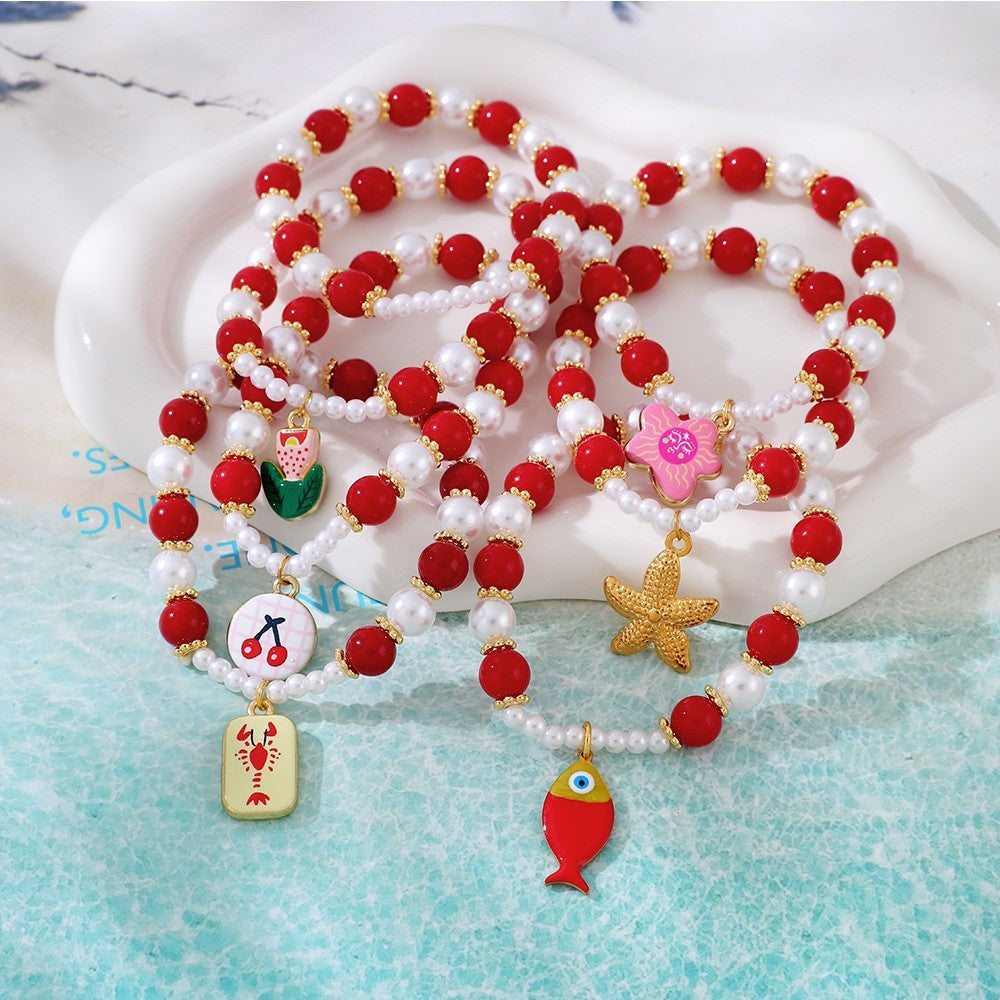 Boho Red Bead & Pearl Charm Bracelet Stack