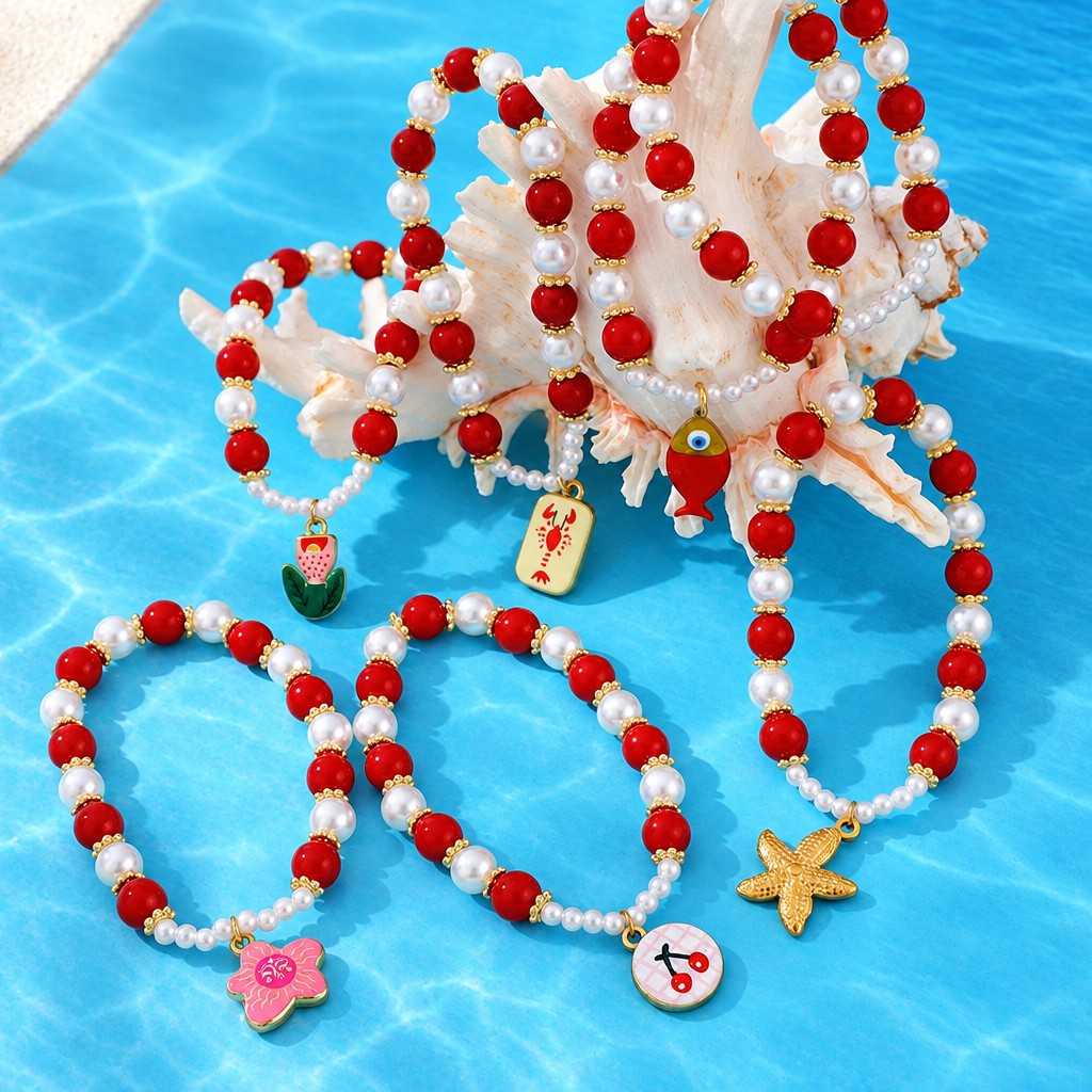 Boho Red Bead & Pearl Charm Bracelet Stack
