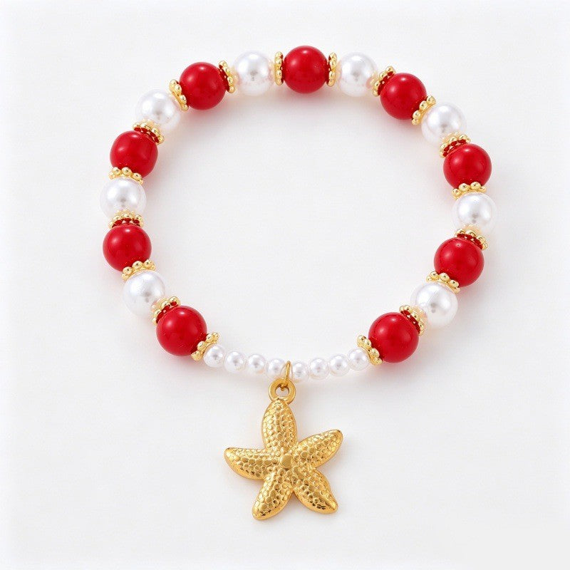Boho Red Bead & Pearl Charm Bracelet Stack