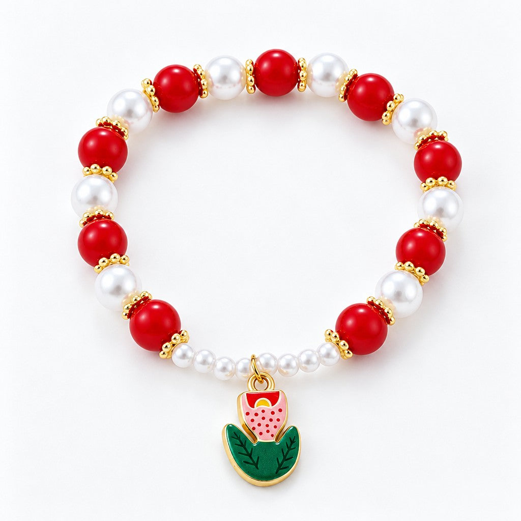 Boho Red Bead & Pearl Charm Bracelet Stack