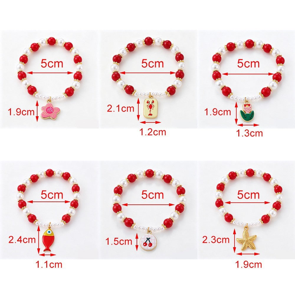 Boho Red Bead & Pearl Charm Bracelet Stack