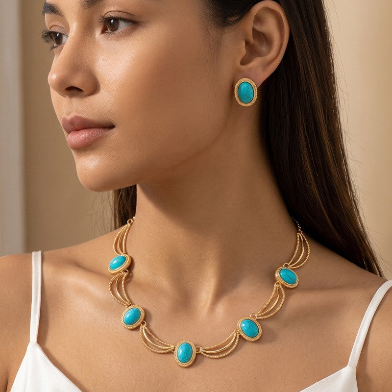 Classy Turquoise Oval Necklace & Earring Set