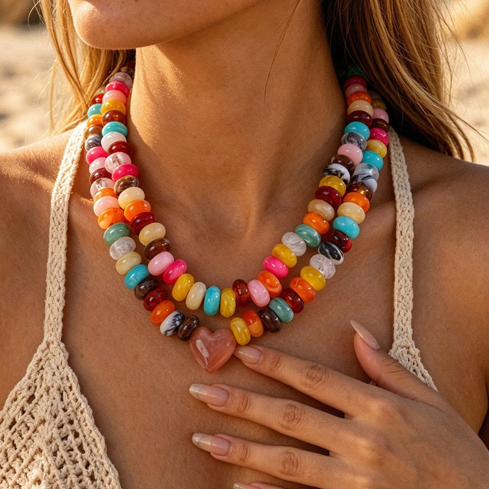 Boho Multi-Color Resin Bead Heart Necklace