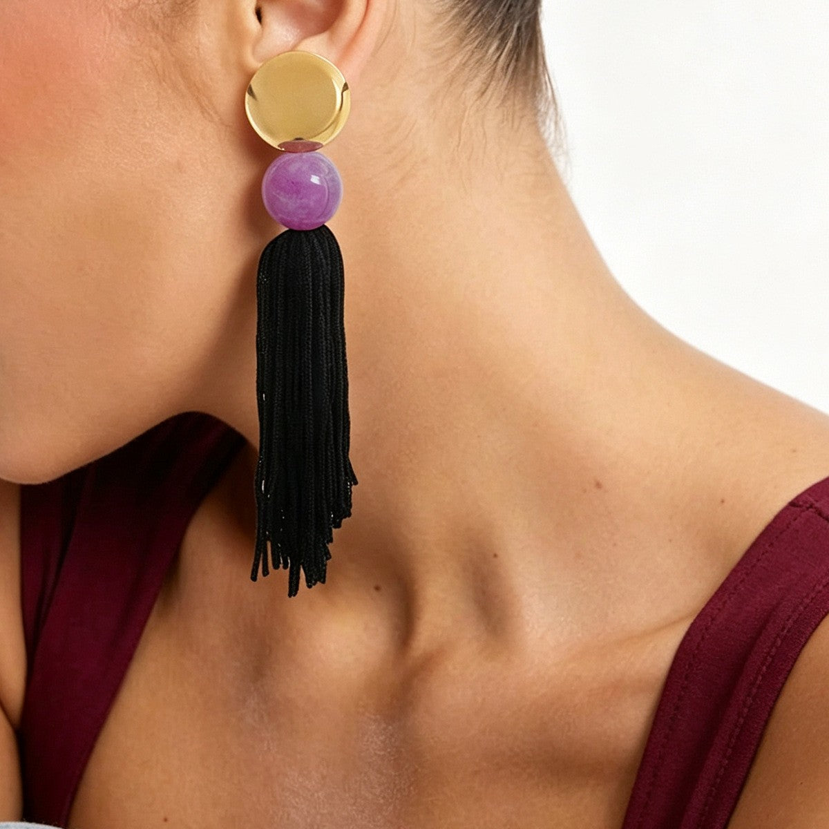 Boho Cream Disc Bead Tassel Earrings