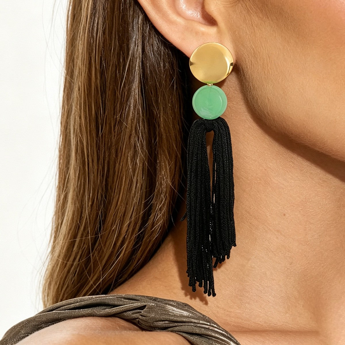 Boho Cream Disc Bead Tassel Earrings