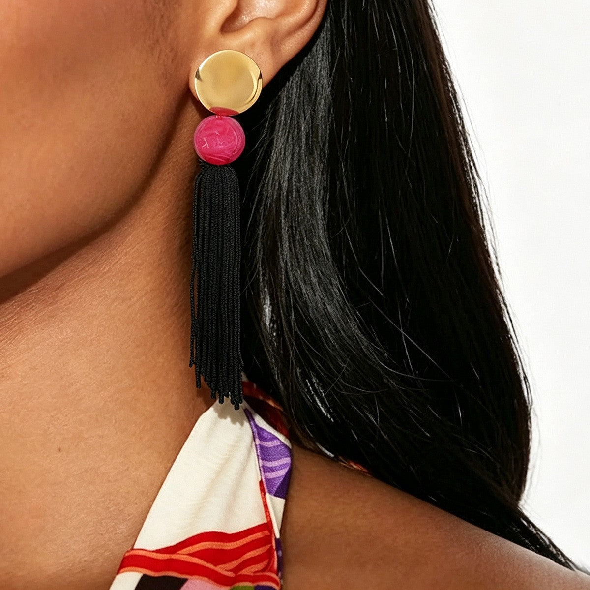 Boho Cream Disc Bead Tassel Earrings
