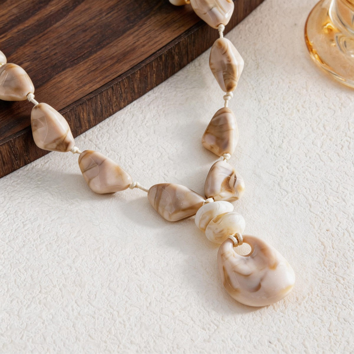 Boho Beige Marbled Acrylic Y-Necklace