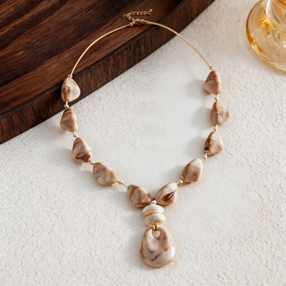 Boho Beige Marbled Acrylic Y-Necklace