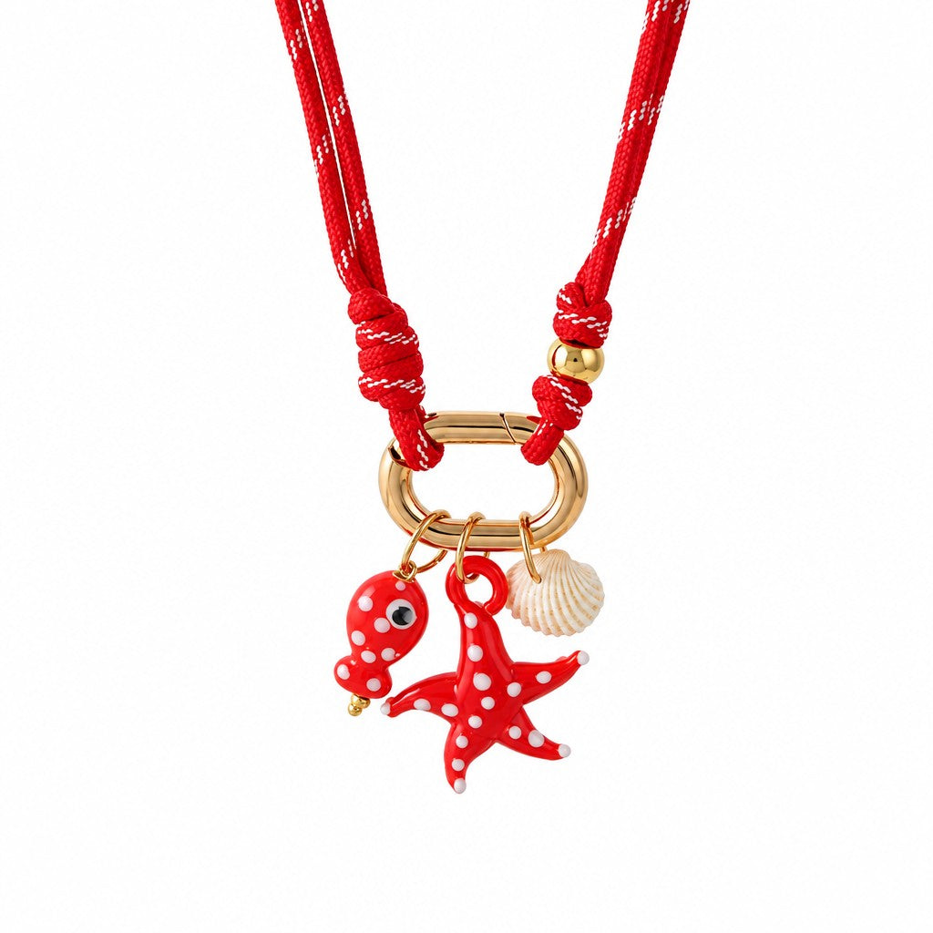 Boho Red Cord Starfish & Sun Necklace