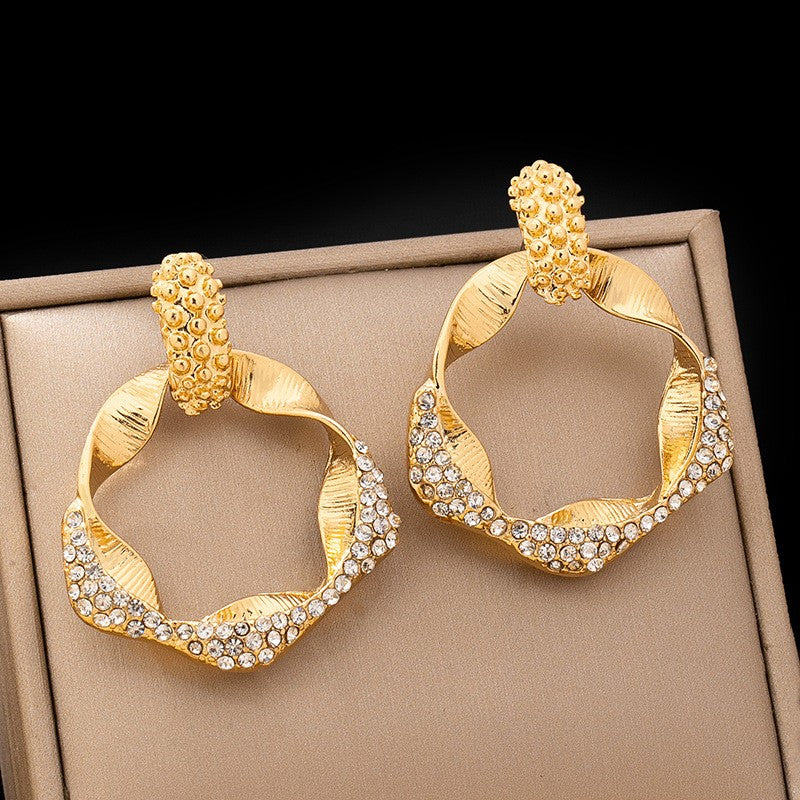 Classy Textured Geometric Rhinestone Hoop Earrings