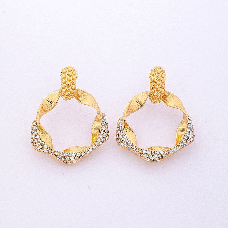 Classy Textured Geometric Rhinestone Hoop Earrings