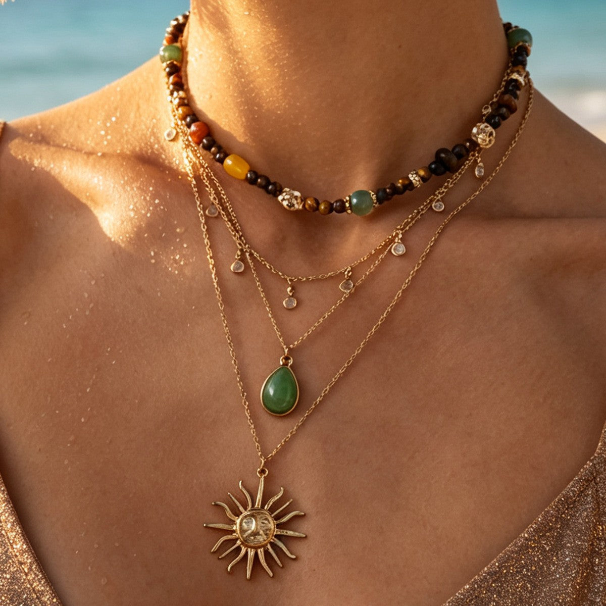 Boho Beaded Sun & Teardrop Layered Necklace