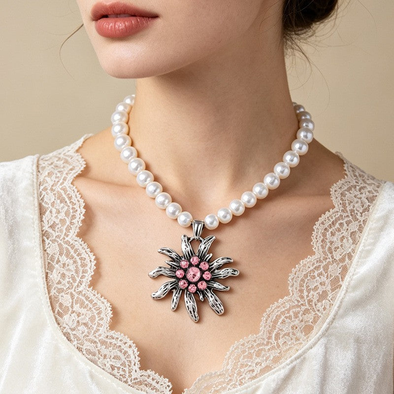 Vintage Inspired Edelweiss Faux Pearl Necklace