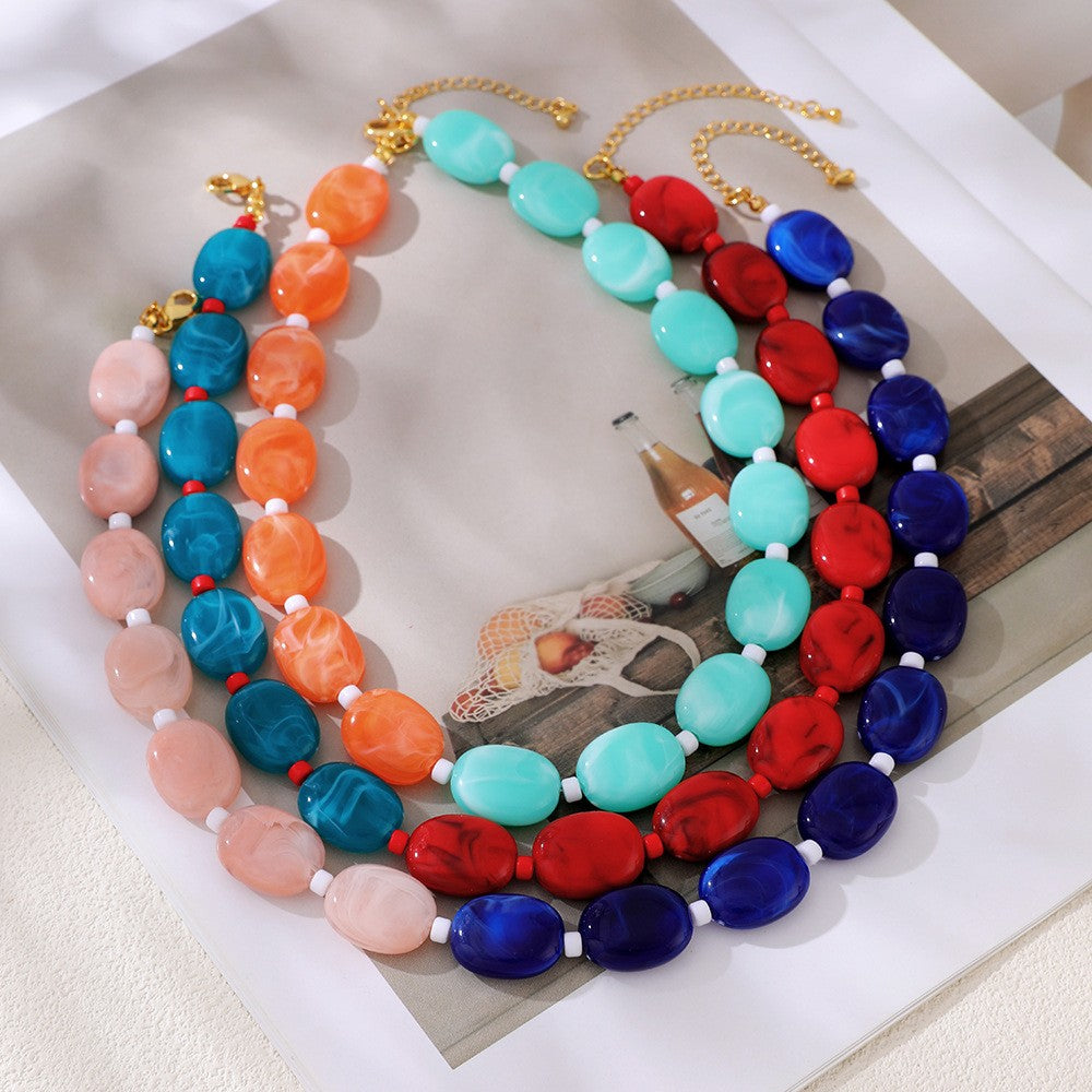 Boho Multicolor Resin Oval Bead Necklace