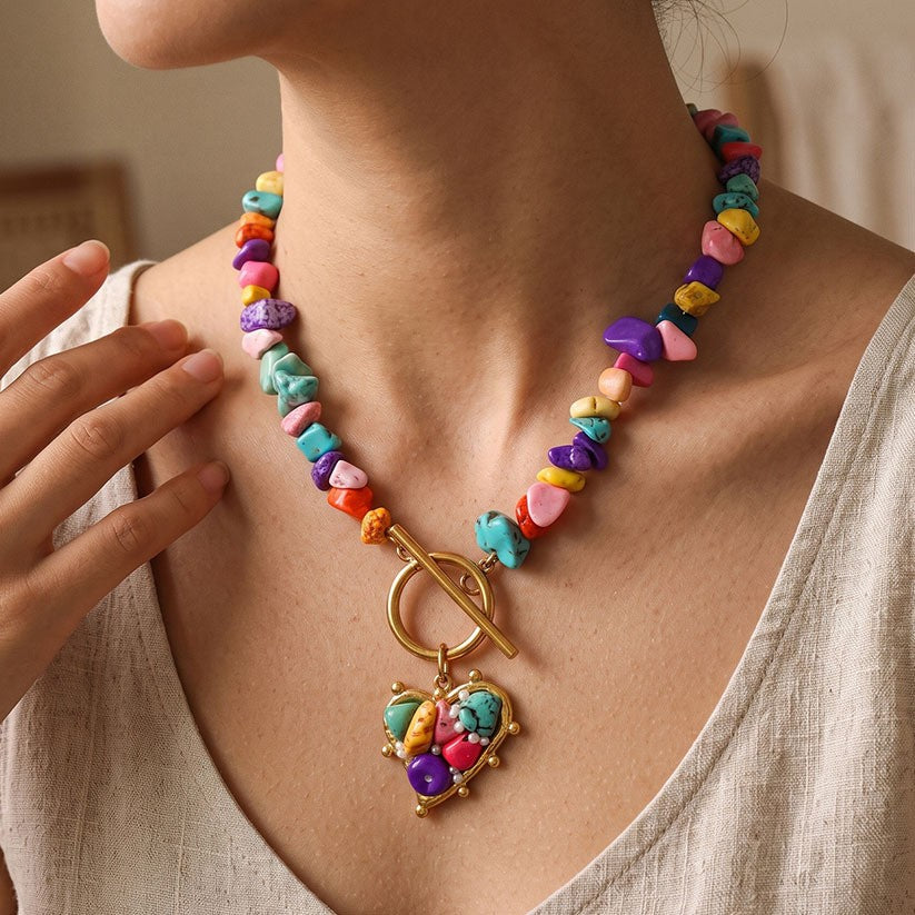 Boho Colorful Stone Heart OT Necklace