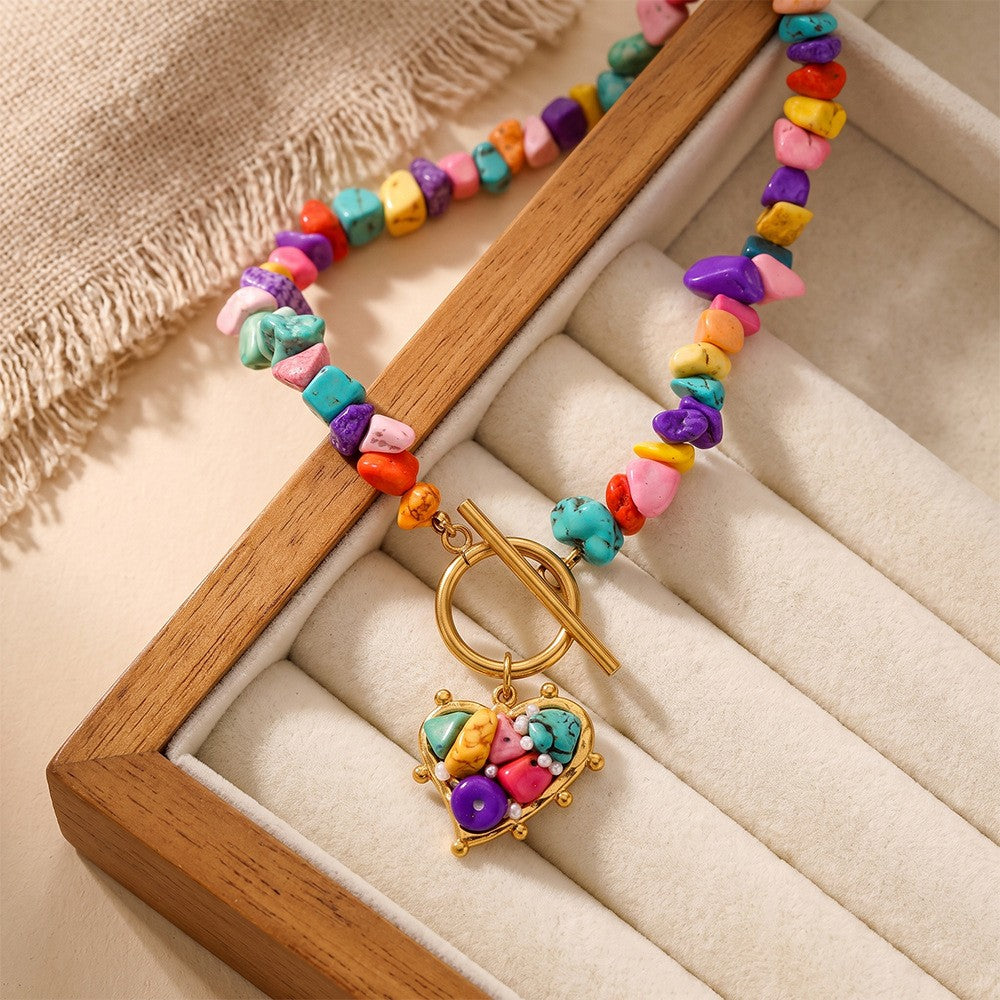 Boho Colorful Stone Heart OT Necklace